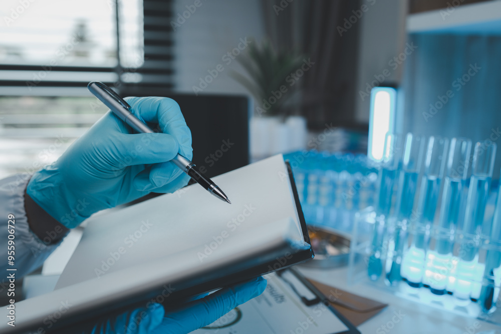 Wall mural working atmosphere in the laboratory, chemistry and science specialist working in a lab with various