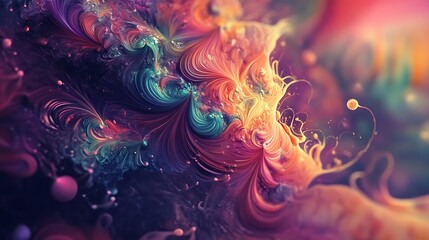 A close-up of a swirling, colorful abstract design, reminiscent of smoke or flowing paint.