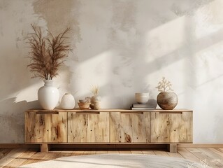 Minimalist Wooden Sideboard with Decorative Accents in Serene Room Setting