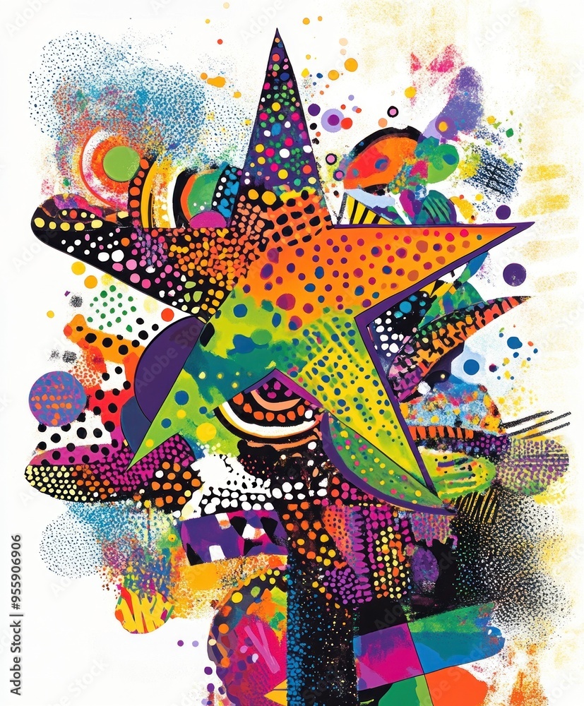 Poster A vibrant, colorful star surrounded by abstract shapes and patterns, showcasing artistic creativity.