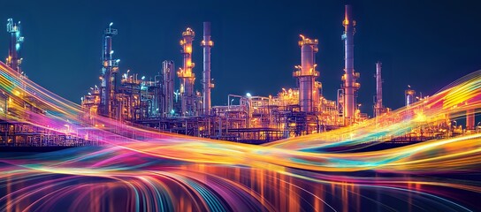 Fototapeta premium Industrial Complex Illuminated by Vibrant Light Streaks at Night