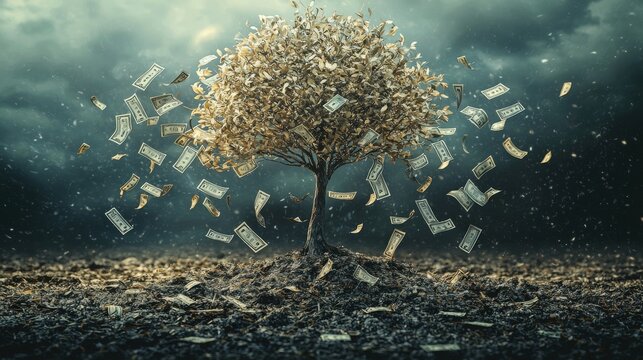 Concept of falling interest rates with a wilting money tree and descending dollar signs