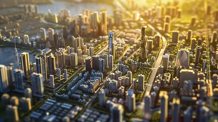 Modern City Aerial View with golden sunset light for Future Residential Real Estate Building Concept.