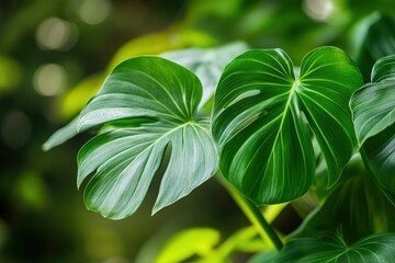 Green leaves of a philodendron plant. Nature leaves, green tropical forest, backgound concept , ai