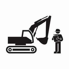 Black and white stick figure of a person conduct safety inspection for excavator vector illustration. Industrial standard and procedure for periodical checking. © wijas