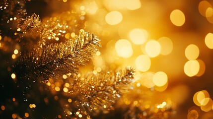 Fototapeta premium Christmas tree with gold blurred lights. Christmas background