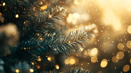 Fototapeta premium Christmas tree with gold blurred lights. Christmas background
