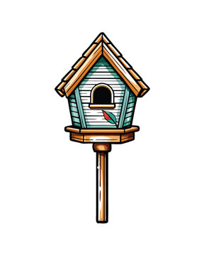 recommend clip art: A birdhouse with a perch, drawn in a cartoon style, with editable strokes.