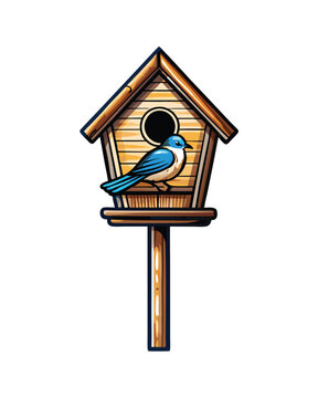 recommend clip art: Editable stroke vector of a wooden birdhouse with a perch, featuring a blue bird.