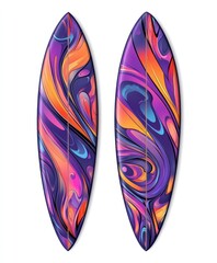 Two colorful surfboards with vibrant swirling patterns.
