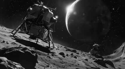 Two lunar landing modules stand on a desolate moon surface with a planet in the background.