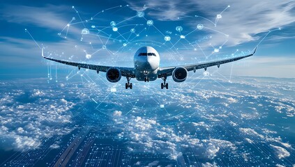 Airplane Soaring Above the Clouds, Connected by a Digital Network of Icons