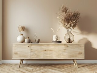 Minimalist Wooden Sideboard with Decorative Items in Serene Living Room Interior