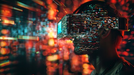 Man wearing VR virtual reality headset with colorful pattern Blue Screen for Futuristic Modern Digital World Technology concept.