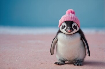 Fototapeta premium A cute penguin chick wearing a pink hat stands on a pastel-colored surface.
