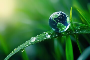Water, drop and leaf with earth for sustainability and awareness of climate change, nature and environment. Globe, plant and droplet on blade of grass for eco friendly, future and clean energy , ai
