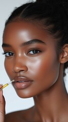Beautiful African American woman applying serum, with key ingredients like hyaluronic acid, vitamin C, and niacinamide for hydration and rejuvenation, solid white background.