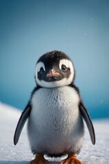 Fototapeta premium A cute penguin standing on snow with a blue background.