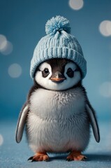 Fototapeta premium A cute penguin wearing a light blue knitted hat against a soft blue background.