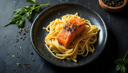 Salmon and Pasta Dish on Black Plate