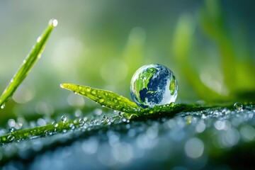 Water, drop and leaf with earth for sustainability and awareness of climate change, nature and environment. Globe, plant and droplet on blade of grass for eco friendly, future and clean energy , ai