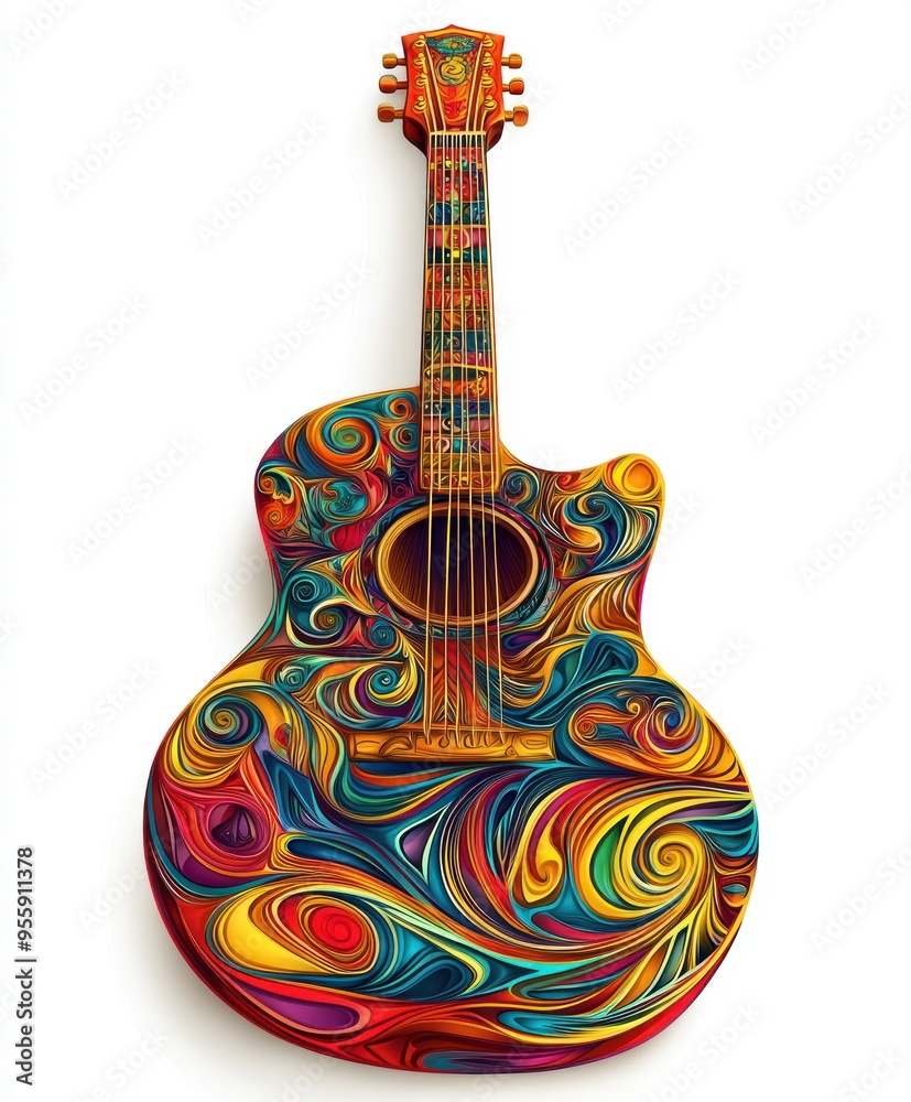 Sticker A vibrant, artistic acoustic guitar featuring swirling colorful patterns.