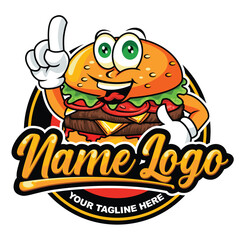 creative burger logo vector design template. Burger vector cartoon illustration food logo icon. Burger mascot logo. Burger bar and restaurants