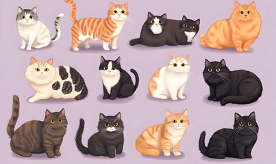 Diverse Cartoon Feline Companions on Soft Lavender Background