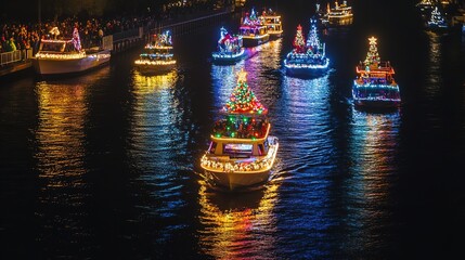 Christmas Boat Parade at Night with Vibrant Lights and Festive Decorations. Boats Glide Along a River or Lake, Creating a Mesmerizing Reflection on the Water,