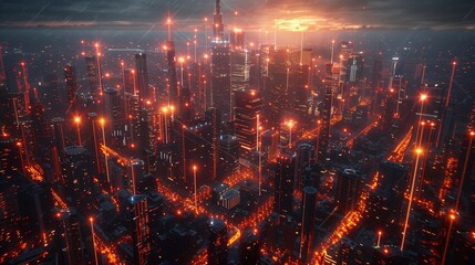 Fototapeta premium Futuristic Smart City Connected by a Digital Network of Lines and Nodes, Representing Global Internet Connectivity, Data Exchange, and Advanced Communication Technologies.