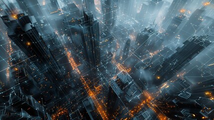 Futuristic Smart City Connected by a Digital Network of Lines and Nodes, Representing Global Internet Connectivity, Data Exchange, and Advanced Communication Technologies.