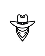 Editable stroke vector of a cowboy hat with a wide brim and a bandana.