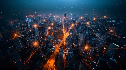 Fototapeta premium Futuristic Smart City Connected by a Digital Network of Lines and Nodes, Representing Global Internet Connectivity, Data Exchange, and Advanced Communication Technologies.