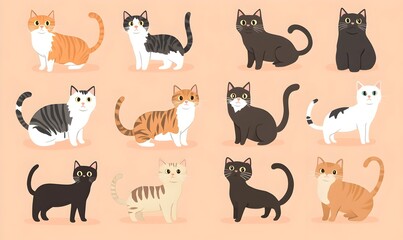 Fototapeta premium Diverse Cartoon Style Feline Pets in a Delicate Peach Background