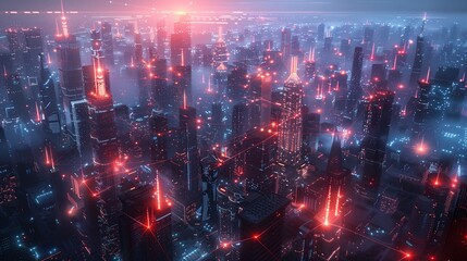 Naklejka premium Futuristic Smart City Connected by a Digital Network of Lines and Nodes, Representing Global Internet Connectivity, Data Exchange, and Advanced Communication Technologies.