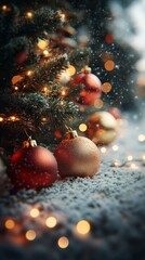 Group of Christmas presents under a decorated Christmas tree with ornaments and lights, luminous bokeh, Christmas and Christmas Eve in a cozy home, festive decor.