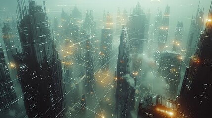 Futuristic Smart City Connected by a Digital Network of Lines and Nodes, Representing Global Internet Connectivity, Data Exchange, and Advanced Communication Technologies.