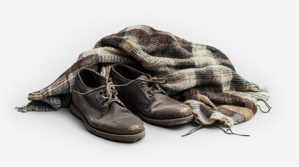 A well-used pair of brown shoes lies beneath a vintage plaid blanket, evoking memories of comfort and simpler times