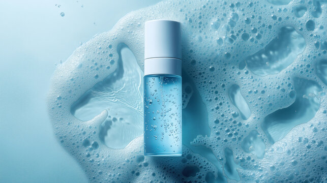 mock-up of blank label clear spray bottle mockup laying on foaming water suds blue background toner moisturizer serum cleanser branding brand marketing product packaging  photography