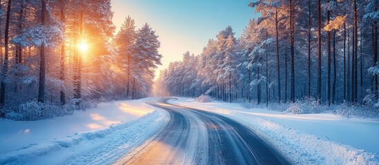 Snowy Road in a Winter Forest