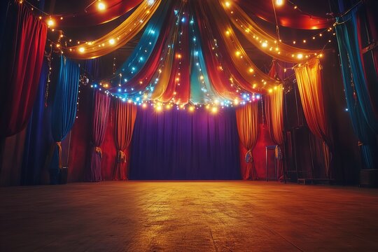A lively circus stage with colorful lights and drapes in the evening.