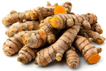 A pile of fresh turmeric roots with vibrant orange insides, commonly used for cooking and medicinal purposes.