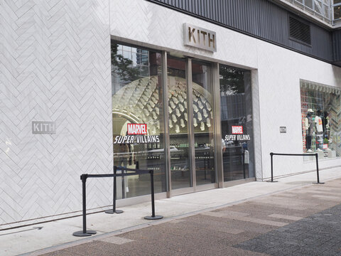 TOKYO, JAPAN - August 18, 2024: A Kith store which has a Marvel Super Villain collaboration. It's in Tokyo's Shibuya area.