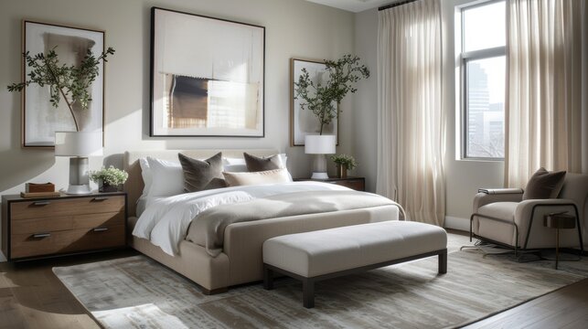Minimalist Elegance. Contemporary bedroom with sleek furniture and modern decor