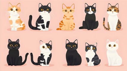 Adorable Cartoon Style Cats of Diverse Breeds and Colors in Cozy Pink Setting