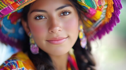 Fototapeta premium A young woman in traditional South American attire, wearing a colorful hat.