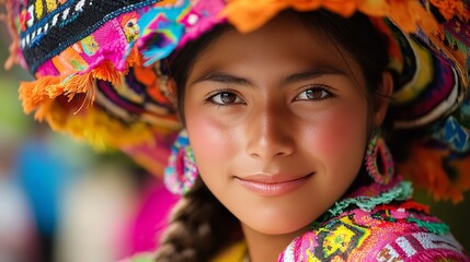 Fototapeta premium A young woman in traditional South American attire, wearing a colorful hat.