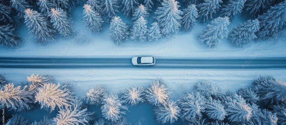 Sticker aerial view of a car driving through a snowy forest