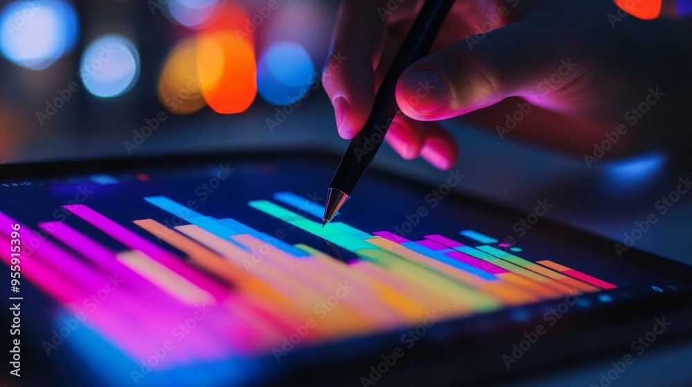 Poster Close-up of a tablet displaying a multicolored bar graph, with a stylus pen in hand