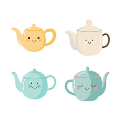 Collection of Cute Drink Teapot Kettle Character with Smile Expression